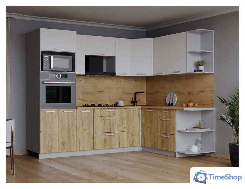 Готовая кухня Интерлиния Мила Лайт 1.68x2.4 правая (белый платинум/дуб золотой/дуб бунратти) - Изображение №5 — Интернет-магазин Time-Shop