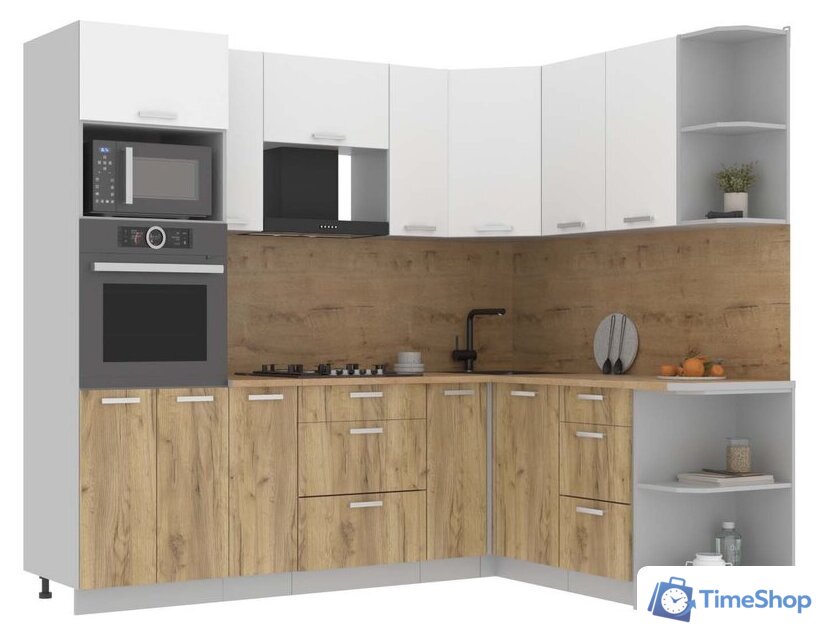 Готовая кухня Интерлиния Мила Лайт 1.68x2.4 правая (белый платинум/дуб золотой/дуб бунратти) - Изображение №1 — Интернет-магазин Time-Shop