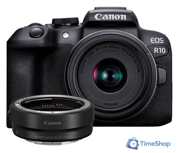 Беззеркальный фотоаппарат Canon EOS R10 RF-S 18-45mm F4.5-6.3 IS STM + адаптер крепления EF-EOS R - Изображение №1 — Интернет-магазин Time-Shop