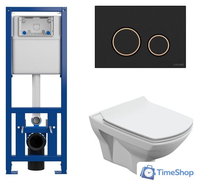 Унитаз подвесной Cersanit Carina New Clean On с инстал. Link Pro (с кнопкой Twins 63534 черный/золото) - Изображение №1 — Интернет-магазин Time-Shop