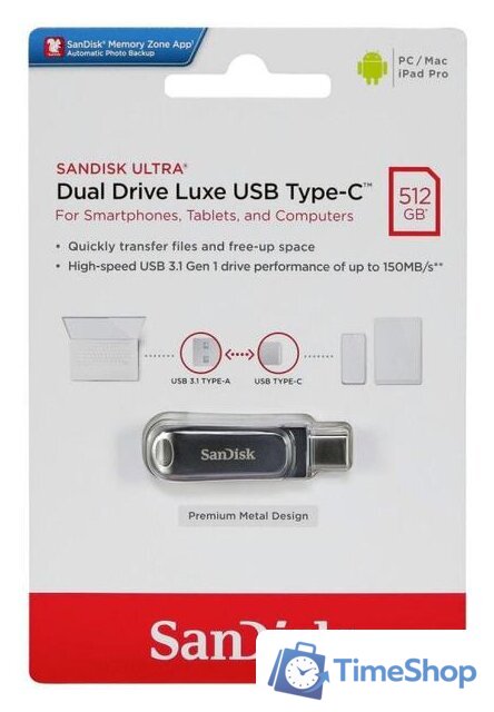 USB Flash SanDisk Ultra Dual Drive Luxe USB Type-C 512GB SDDDC4-512G-G46 - Изображение №7 — Интернет-магазин Time-Shop
