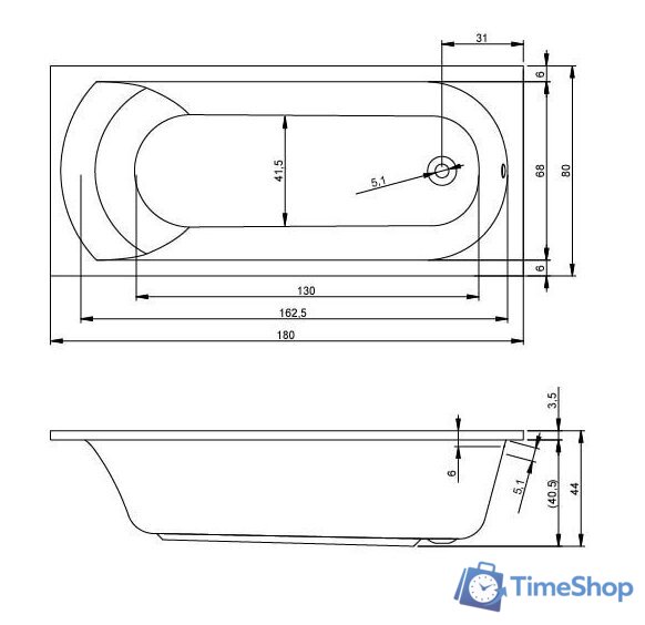Ванна Riho Miami 180x80 BB64005 (с каркасом) - Изображение №3 — Интернет-магазин Time-Shop