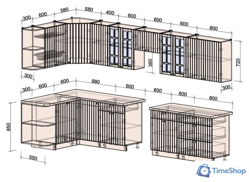 Готовая кухня Интерлиния Берес 1.5x3.6 левая (дуб снежный/дуб королевский/серый каспий) - Изображение №3 — Интернет-магазин Time-Shop