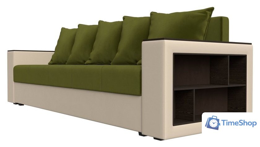 Диван Лига диванов Дубай Лайт полки справа 114327 (микровельвет зеленый/экокожа бежевый) - Изображение №3 — Интернет-магазин Time-Shop