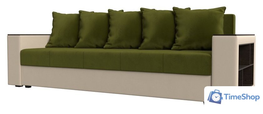 Диван Лига диванов Дубай Лайт полки справа 114327 (микровельвет зеленый/экокожа бежевый) - Изображение №1 — Интернет-магазин Time-Shop