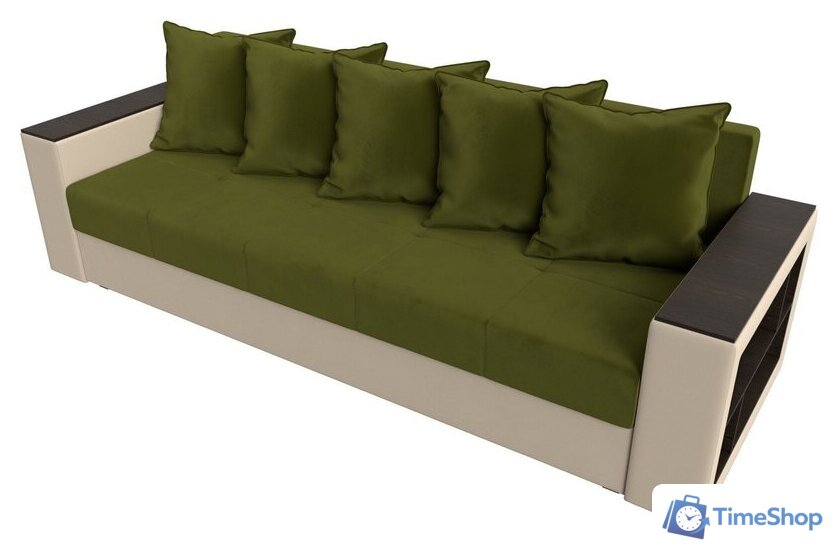 Диван Лига диванов Дубай Лайт полки справа 114327 (микровельвет зеленый/экокожа бежевый) - Изображение №4 — Интернет-магазин Time-Shop