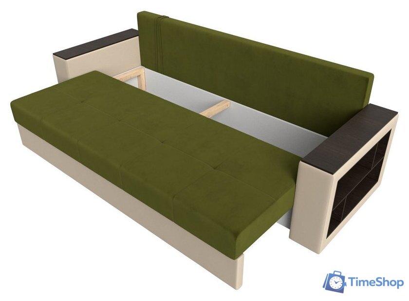 Диван Лига диванов Дубай Лайт полки справа 114327 (микровельвет зеленый/экокожа бежевый) - Изображение №6 — Интернет-магазин Time-Shop