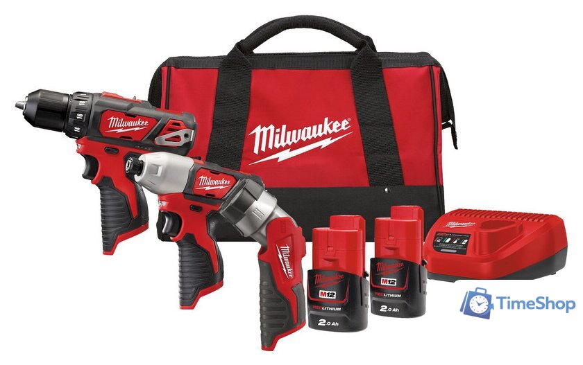  Milwaukee М12 ВPP3А-202B 4933441225 (шуруповерт, винтоверт, фонарь, 2 АКБ, сумка) - Изображение №1 — Интернет-магазин Time-Shop