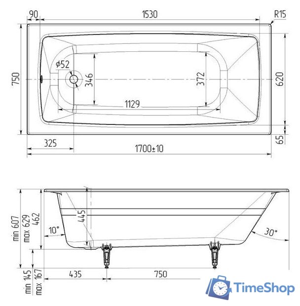 Ванна Wotte Vector 170x75 БП-э00д1472 - Изображение №3 — Интернет-магазин Time-Shop