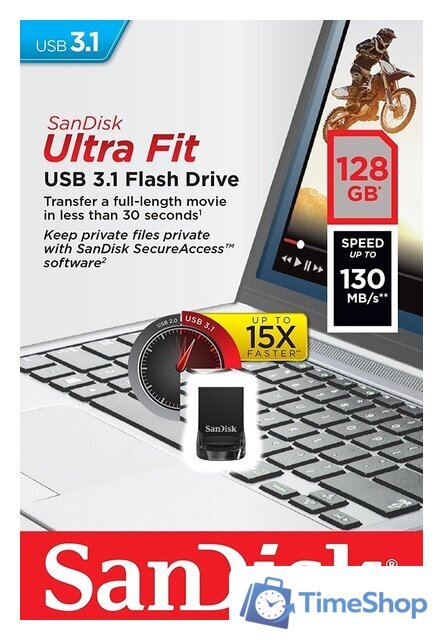 USB Flash SanDisk Ultra Fit USB 3.1 128GB SDCZ430-128G-G46 - Изображение №5 — Интернет-магазин Time-Shop