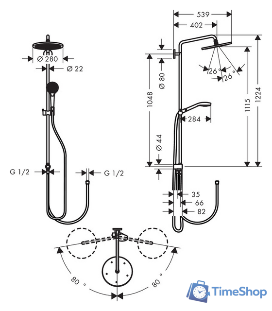 Душевая система  Hansgrohe Croma Select 280 Air 1jet 26793000 - Изображение №8 — Интернет-магазин Time-Shop