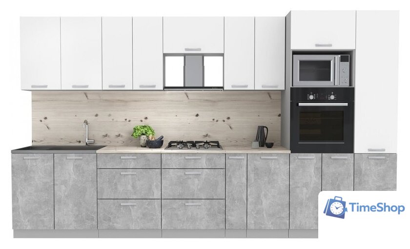 Готовая кухня Интерлиния Мила Лайт 3.6 ВТ (белый платинум/бетон/бискайская сосна) - Изображение №1 — Интернет-магазин Time-Shop