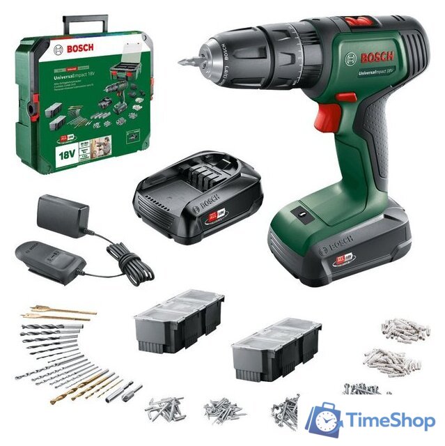 Ударная дрель-шуруповерт Bosch UniversalImpact 18V 06039D4103 (с 2-мя АКБ, набор оснастки, кейс) - Изображение №1 — Интернет-магазин Time-Shop