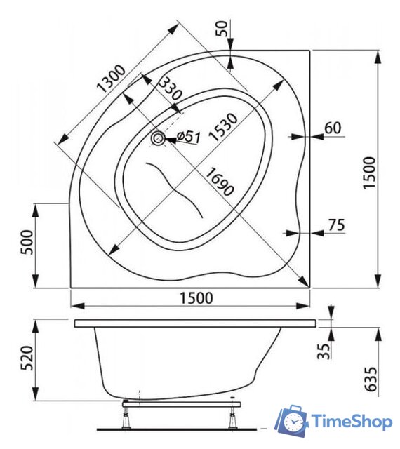 Ванна VagnerPlast Plejada 150x150 - Изображение №3 — Интернет-магазин Time-Shop