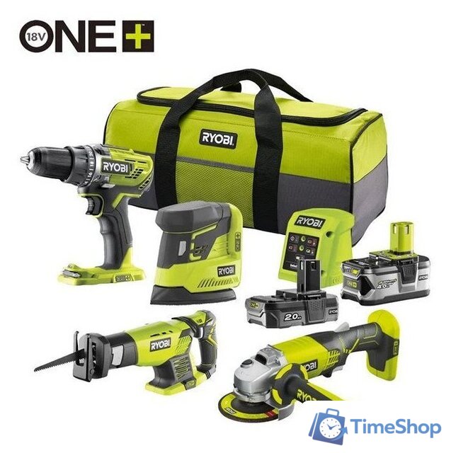  Ryobi R18CK4E-242S 5133004757 (шуруповерт, сабельная пила, болгарка, шлифмашина, 2 АКБ, сумка) - Изображение №1 — Интернет-магазин Time-Shop