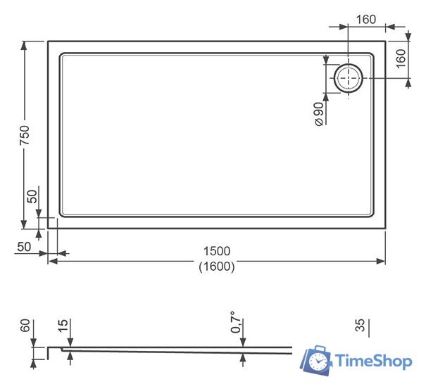 Душевой поддон Roth Flat Kvadro Rectangle 160x75 [8000244] - Изображение №3 — Интернет-магазин Time-Shop