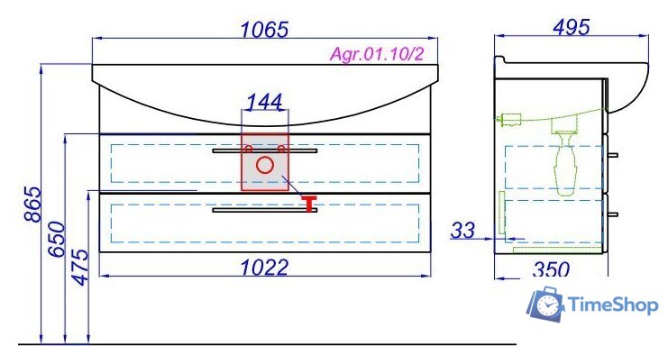  Aqwella Тумба под умывальник Allegro 105 Agr.01.10/2 (подвесная) - Изображение №2 — Интернет-магазин Time-Shop