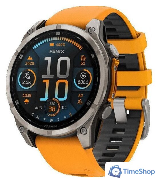 Умные часы Garmin Fenix 8 Sapphire, Titanium 47мм (светло-серый, оранжевый силиконовый ремешок) - Изображение №1 — Интернет-магазин Time-Shop