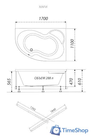 Ванна Triton Мари 170x110 L Базовая Flat (с гидромассажем) - Изображение №3 — Интернет-магазин Time-Shop