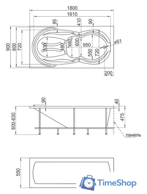 Ванна 1Марка Taormina 180x90 (с каркасом) - Изображение №2 — Интернет-магазин Time-Shop