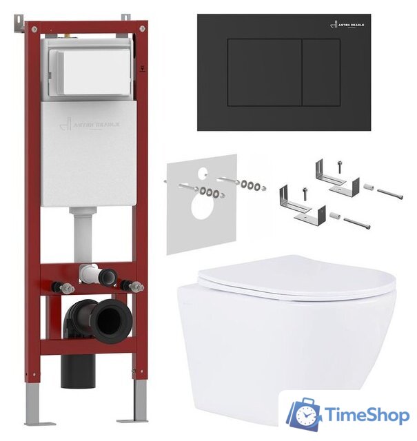 Унитаз подвесной Roxen Antares в комплекте с инсталляцией Asten Readle Zentralmodul AR0601-185B с черной матовой кнопкой - Изображение №1 — Интернет-магазин Time-Shop