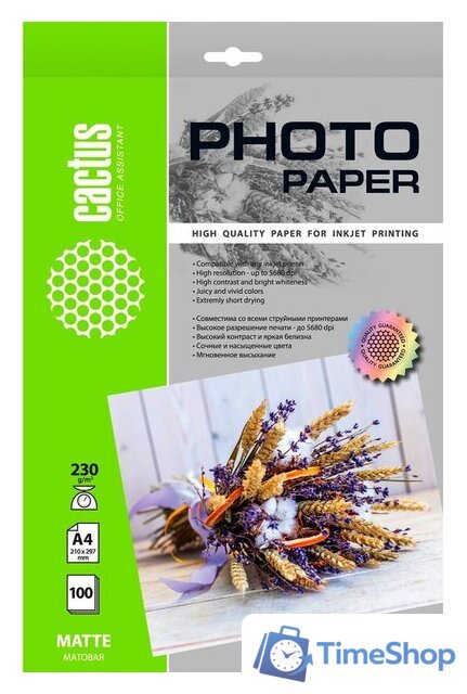 Фотобумага CACTUS Матовая A4 230 г/кв.м. 100 листов CS-MA4230100 - Изображение №1 — Интернет-магазин Time-Shop