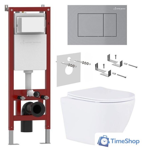 Унитаз подвесной Roxen Antares в комплекте с инсталляцией Asten Readle Zentralmodul AR0601-185M с кнопкой сатин (хром матовый) - Изображение №1 — Интернет-магазин Time-Shop