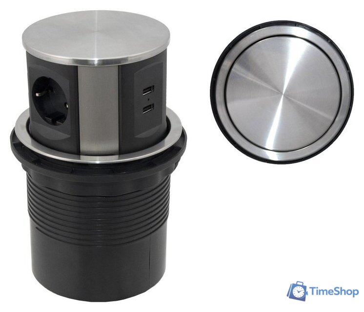 Блок розеток AKS Nova Tor USB выдвижной (3 розетки, сталь) - Изображение №1 — Интернет-магазин Time-Shop