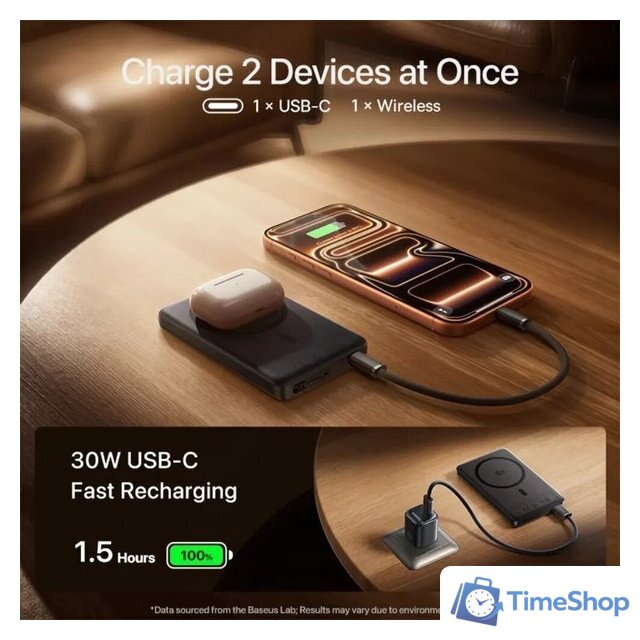 Внешний аккумулятор Baseus PicoGo AM52 Slim Qi2.2 Magnetic Power Bank 45W 10000mAh (черный) - Изображение №7 — Интернет-магазин Time-Shop