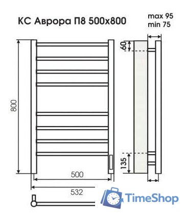 Полотенцесушитель TERMINUS Аврора П8 500x800 9005 электро (черный) - Изображение №3 — Интернет-магазин Time-Shop