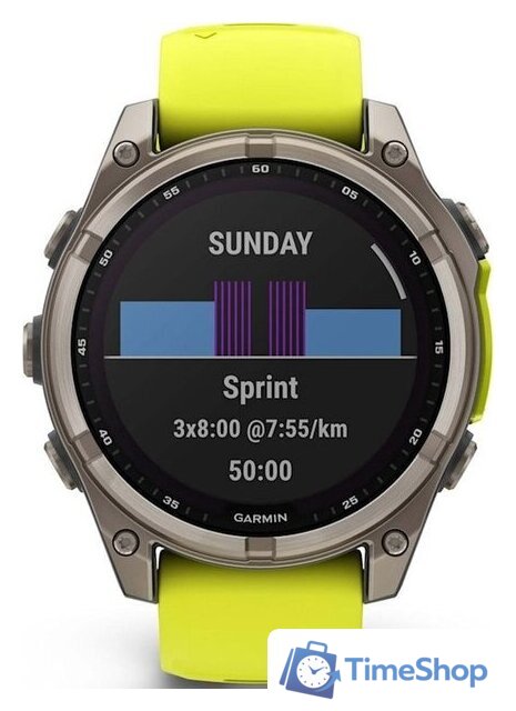 Умные часы Garmin Fenix 8 Solar, Sapphire 47мм (титановый серый с желтым ремешком) - Изображение №4 — Интернет-магазин Time-Shop