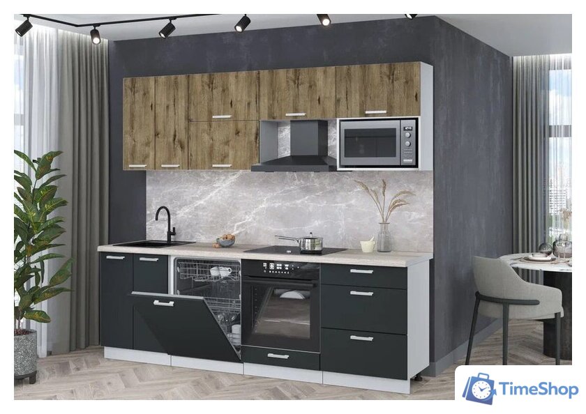 Готовая кухня Интерлиния Мила Лайт 2.4-ПМ2 (дуб веллингтон/антрацит/травертин серый) - Изображение №3 — Интернет-магазин Time-Shop