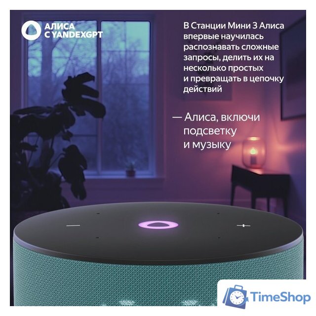 Умная колонка Яндекс Станция Мини 3 с часами (бирюзовый) - Изображение №8 — Интернет-магазин Time-Shop