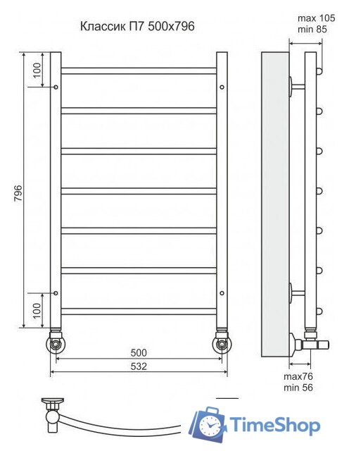 Полотенцесушитель TERMINUS Классик П7 500x796 (с наружной резьбой, RAL 9005 черный) - Изображение №3 — Интернет-магазин Time-Shop