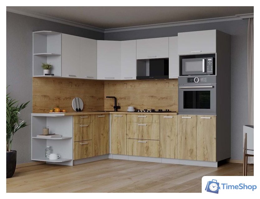 Готовая кухня Интерлиния Мила Лайт 1.68x2.4 левая (белый платинум/дуб золотой/дуб бунратти) - Изображение №2 — Интернет-магазин Time-Shop