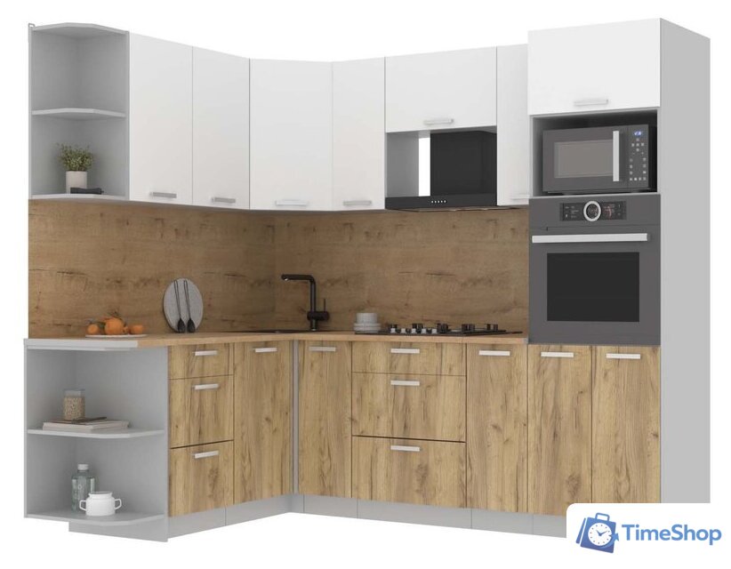 Готовая кухня Интерлиния Мила Лайт 1.68x2.4 левая (белый платинум/дуб золотой/дуб бунратти) - Изображение №1 — Интернет-магазин Time-Shop