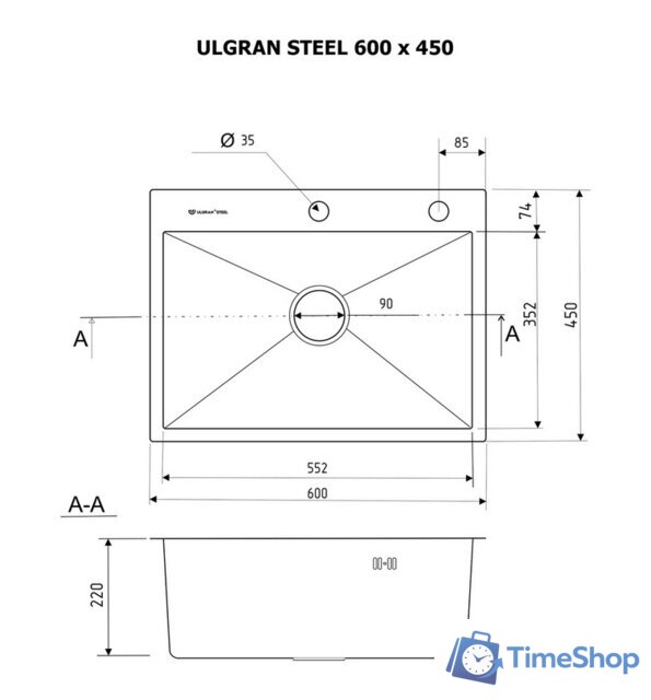 Кухонная мойка Ulgran Steel 60x45 (брашированная сталь) - Изображение №3 — Интернет-магазин Time-Shop