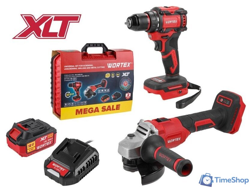  Wortex 1329850 (шуруповерт, болгарка, 1 АКБ, кейс) - Изображение №1 — Интернет-магазин Time-Shop