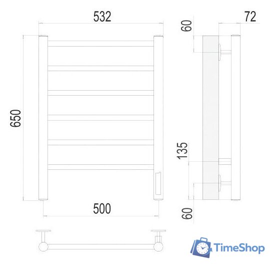 Полотенцесушитель TERMINUS Аврора П6 500x650 нп электро (хром) - Изображение №3 — Интернет-магазин Time-Shop