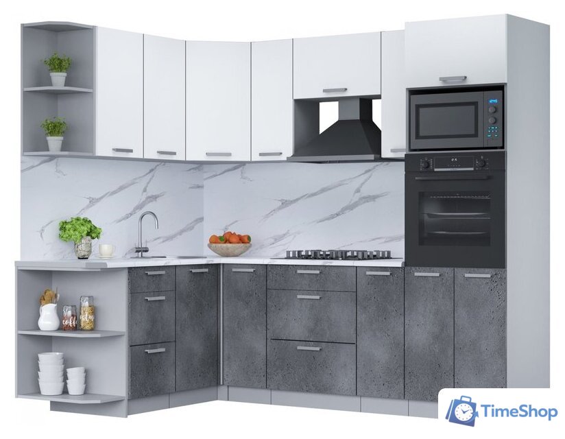 Готовая кухня Интерлиния Мила Лайт 1.68x2.4 левая (белый платинум/бетон портленд/белый гранит) - Изображение №1 — Интернет-магазин Time-Shop