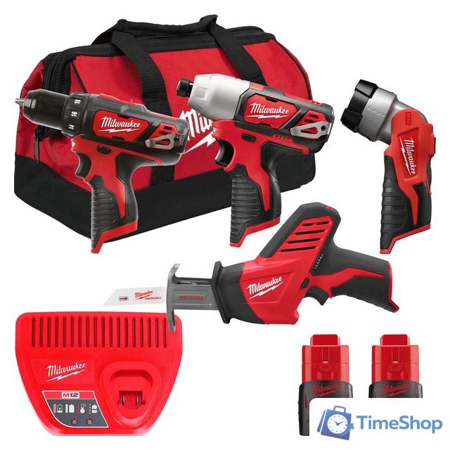  Milwaukee M12 M12BPP4A-202B 4933441240 (шуруповерт, винтоверт, фонарик, сабельная пила, 2 АКБ, сумка) - Изображение №1 — Интернет-магазин Time-Shop