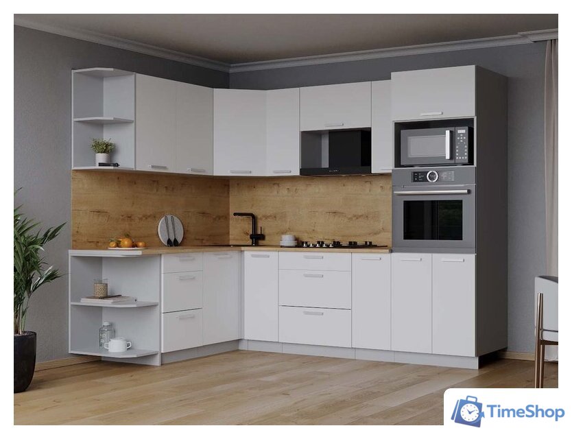 Готовая кухня Интерлиния Мила Лайт 1.68x2.4 левая (белый платинум/белый платинум/дуб бунратти) - Изображение №2 — Интернет-магазин Time-Shop