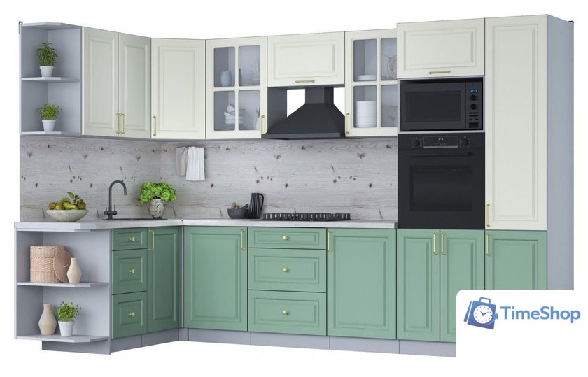 Готовая кухня Интерлиния Мила Шато 1.68x3.2 ВТ левая (белый/мята/бискайская сосна) - Изображение №1 — Интернет-магазин Time-Shop