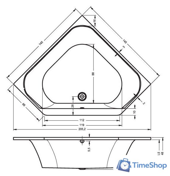 Ванна Riho Austin 145x145 (без ножек) - Изображение №2 — Интернет-магазин Time-Shop