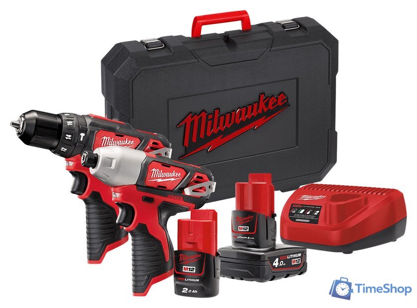  Milwaukee M12 M12BPP2B-421C 4933443497 (шуруповерт, винтоверт, 2 АКБ, кейс) - Изображение №1 — Интернет-магазин Time-Shop