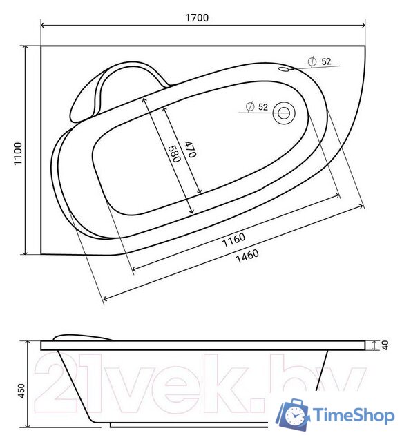 Ванна Lauter Valencia 170x110 2102170L (с ножками) - Изображение №15 — Интернет-магазин Time-Shop