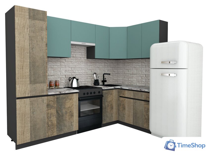 Готовая кухня ВерсоМебель Эко-8 1.4x2.7 правая (сумеречный голубой/дуб гранж песочный/ст.альберика) - Изображение №1 — Интернет-магазин Time-Shop