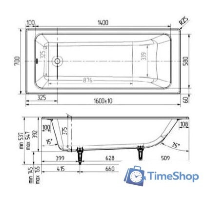 Ванна Wotte Line 160x70 - Изображение №2 — Интернет-магазин Time-Shop
