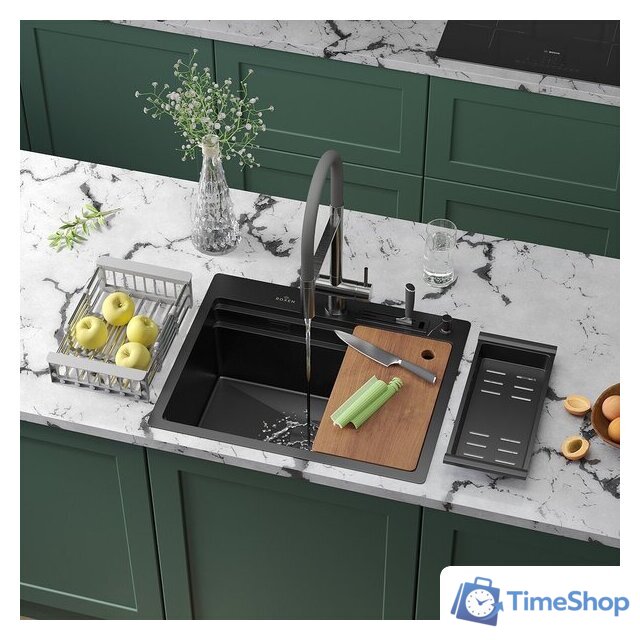 Кухонная мойка Roxen Stage 560250-60B PVD графит (c держателем для ножей, двумя коландерами, разделочной доской и дозатором) - Изображение №1 — Интернет-магазин Time-Shop