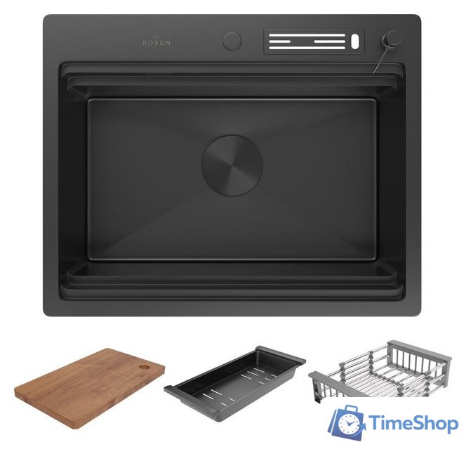 Кухонная мойка Roxen Stage 560250-60B PVD графит (c держателем для ножей, двумя коландерами, разделочной доской и дозатором) - Изображение №3 — Интернет-магазин Time-Shop